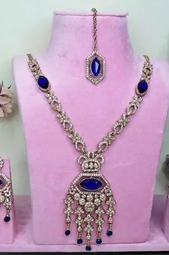 Blue yellow gold premium designer american diamond and stone work necklace set