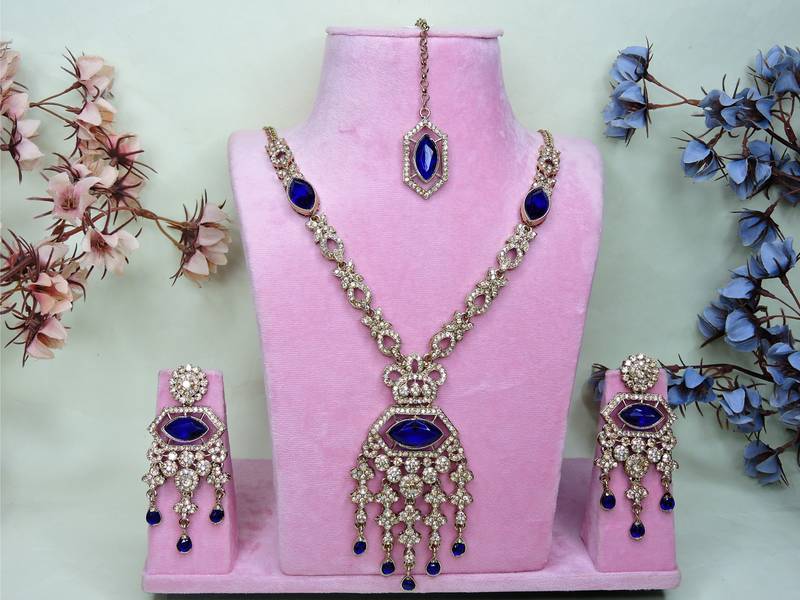 Blue yellow gold premium designer american diamond and stone work necklace set