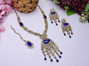 Blue yellow gold premium designer american diamond and stone work necklace set 2