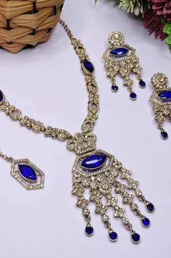 Blue yellow gold premium designer american diamond and stone work necklace set
