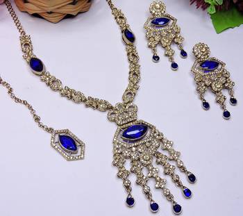 Blue yellow gold premium designer american diamond and stone work necklace set 3