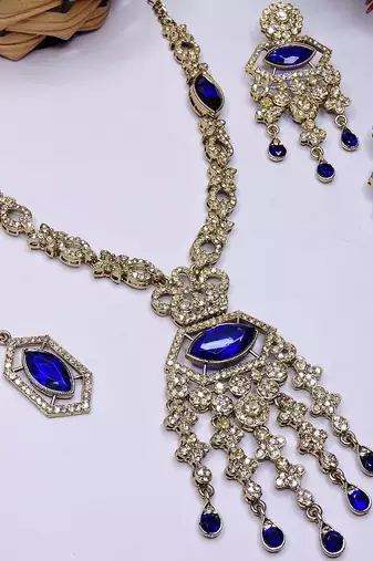 Blue yellow gold premium designer american diamond and stone work necklace set