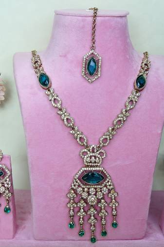 Green yellow gold premium designer american diamond and stone work necklace set
