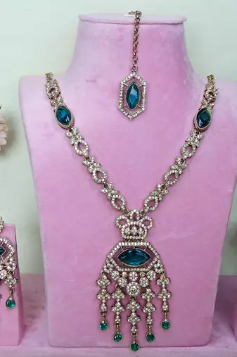 Green yellow gold premium designer american diamond and stone work necklace set