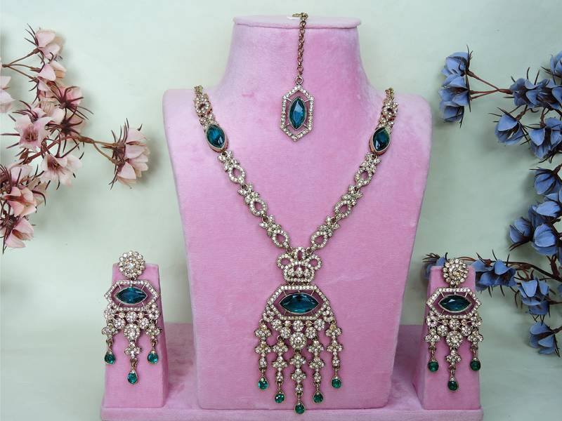 Green yellow gold premium designer american diamond and stone work necklace set