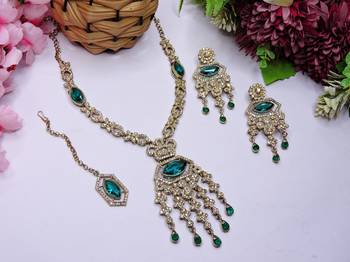 Green yellow gold premium designer american diamond and stone work necklace set 2