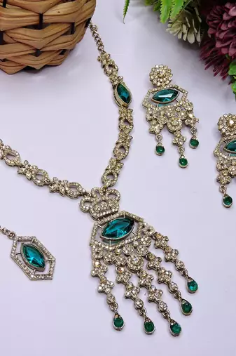 Green yellow gold premium designer american diamond and stone work necklace set