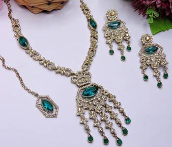 Green yellow gold premium designer american diamond and stone work necklace set 3