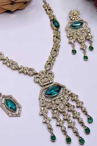 Green yellow gold premium designer american diamond and stone work necklace set