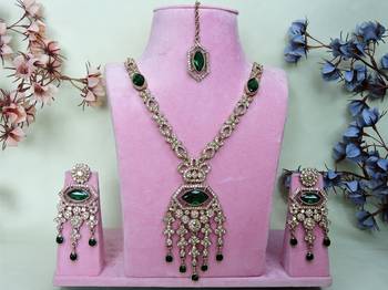 Green yellow gold premium designer american diamond and stone work necklace set 1