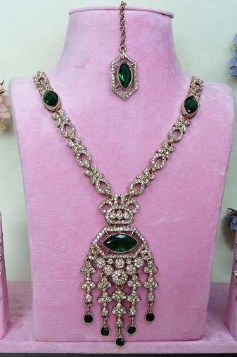 Green yellow gold premium designer american diamond and stone work necklace set