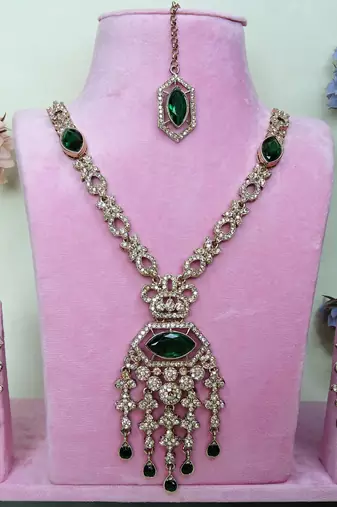 Green yellow gold premium designer american diamond and stone work necklace set