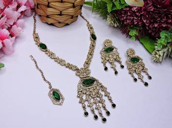 Green yellow gold premium designer american diamond and stone work necklace set 2