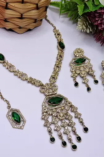 Green yellow gold premium designer american diamond and stone work necklace set