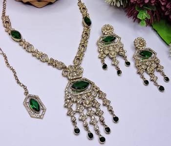Green yellow gold premium designer american diamond and stone work necklace set 3