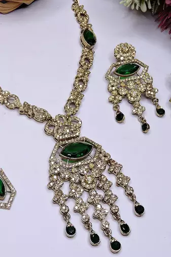 Green yellow gold premium designer american diamond and stone work necklace set