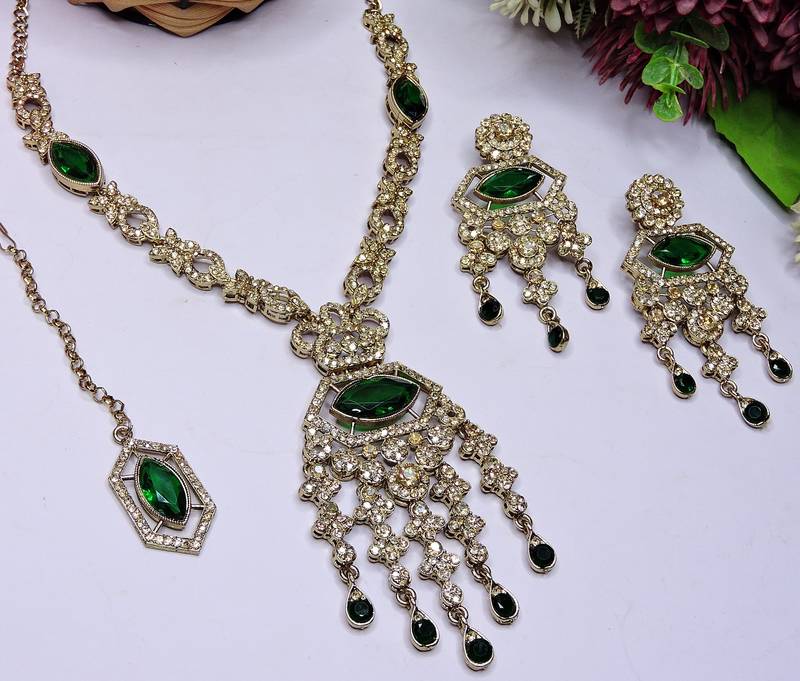 Green yellow gold premium designer american diamond and stone work necklace set