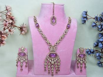 Purple yellow gold premium designer american diamond and stone work necklace set 1