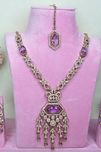 Purple yellow gold premium designer american diamond and stone work necklace set