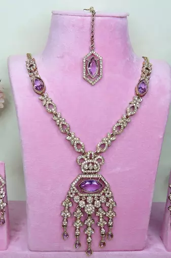 Purple yellow gold premium designer american diamond and stone work necklace set