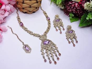 Purple yellow gold premium designer american diamond and stone work necklace set 2