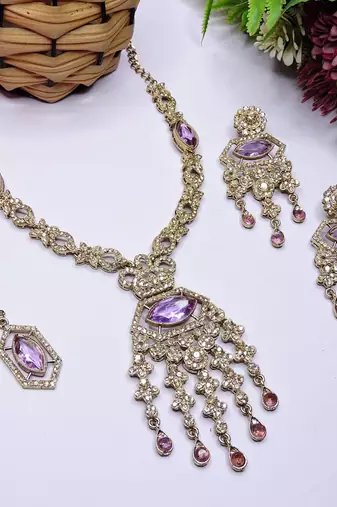 Purple yellow gold premium designer american diamond and stone work necklace set