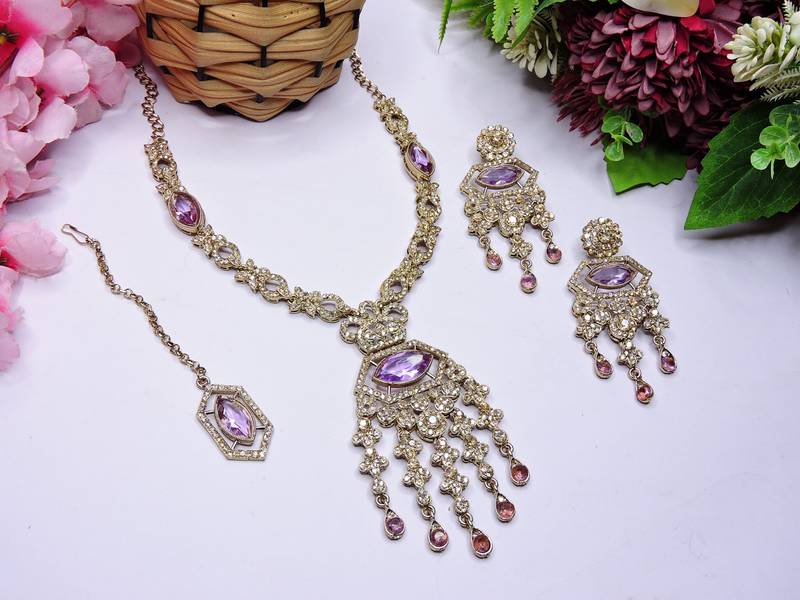 Purple yellow gold premium designer american diamond and stone work necklace set