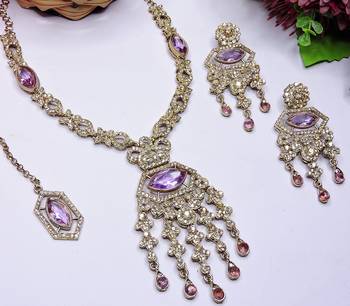 Purple yellow gold premium designer american diamond and stone work necklace set 3