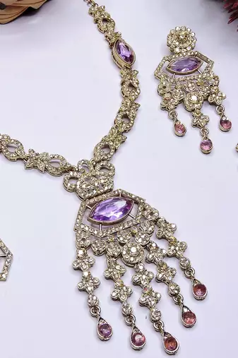 Purple yellow gold premium designer american diamond and stone work necklace set