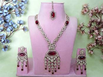 Maroon yellow gold premium designer american diamond and stone work necklace set 1