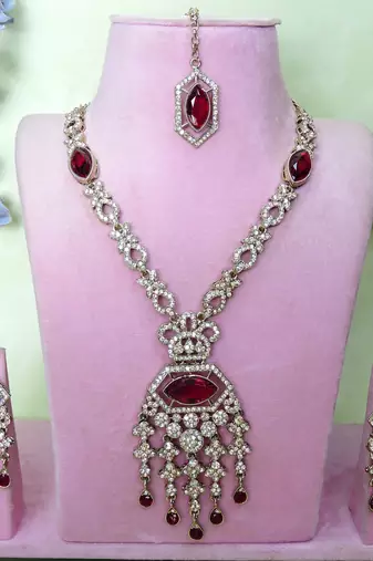 Maroon yellow gold premium designer american diamond and stone work necklace set