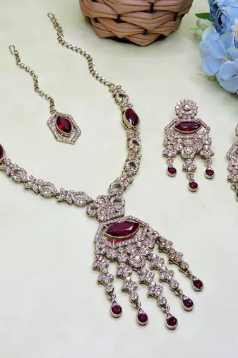 Maroon yellow gold premium designer american diamond and stone work necklace set