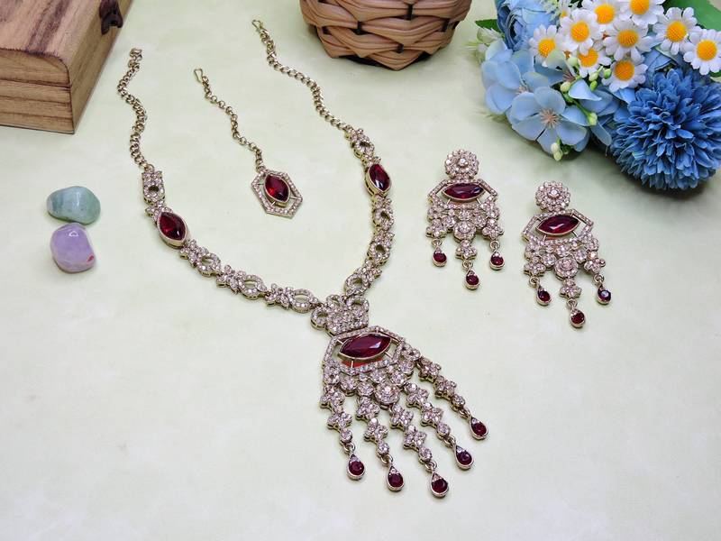 Maroon yellow gold premium designer american diamond and stone work necklace set