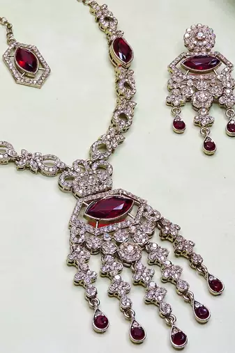 Maroon yellow gold premium designer american diamond and stone work necklace set
