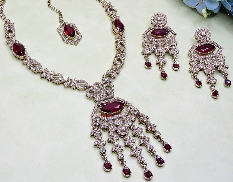 Maroon yellow gold premium designer american diamond and stone work necklace set
