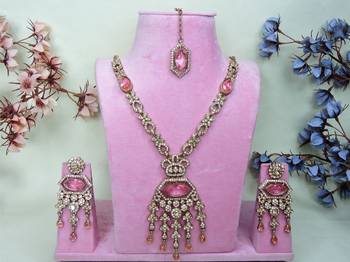 Pink yellow gold premium designer american diamond and stone work necklace set 1