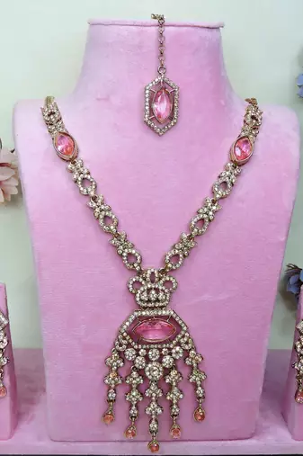 Pink yellow gold premium designer american diamond and stone work necklace set