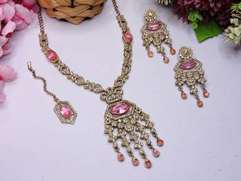 Pink yellow gold premium designer american diamond and stone work necklace set 2