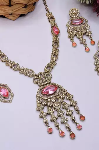 Pink yellow gold premium designer american diamond and stone work necklace set