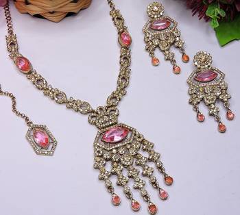 Pink yellow gold premium designer american diamond and stone work necklace set 3