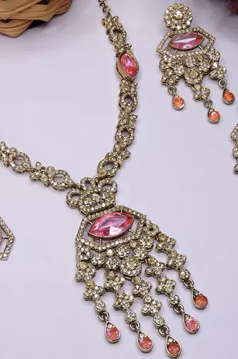 Pink yellow gold premium designer american diamond and stone work necklace set
