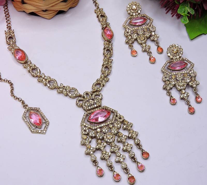 Pink yellow gold premium designer american diamond and stone work necklace set