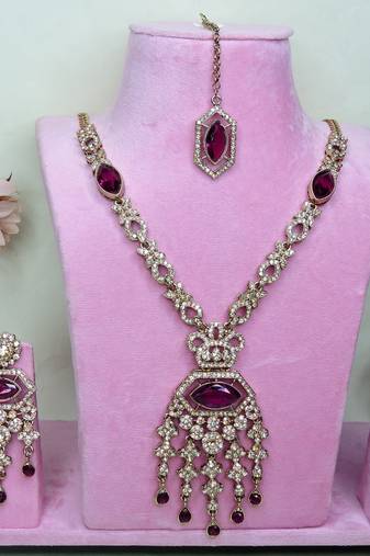 Purple yellow gold premium designer american diamond and stone work necklace set