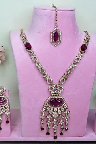 Purple yellow gold premium designer american diamond and stone work necklace set