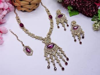 Purple yellow gold premium designer american diamond and stone work necklace set 2