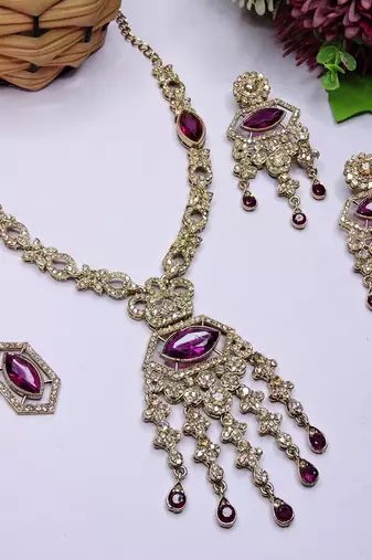 Purple yellow gold premium designer american diamond and stone work necklace set