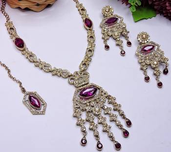 Purple yellow gold premium designer american diamond and stone work necklace set 3