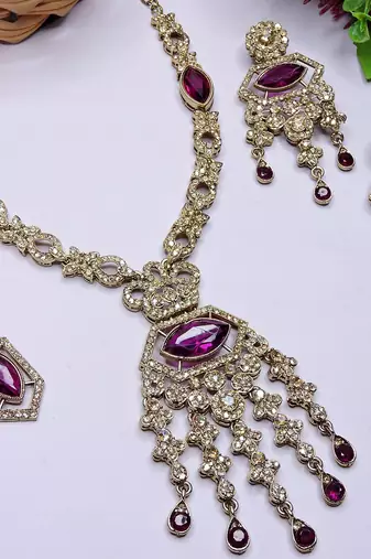 Purple yellow gold premium designer american diamond and stone work necklace set