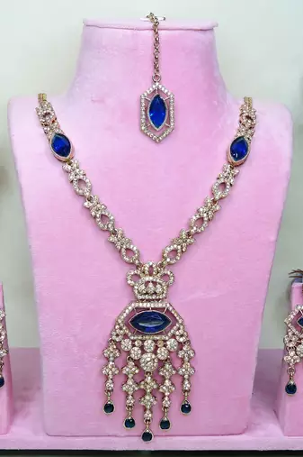 Blue yellow gold premium designer american diamond and stone work necklace set