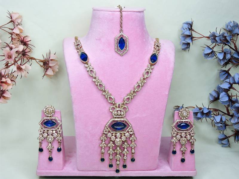 Blue yellow gold premium designer american diamond and stone work necklace set